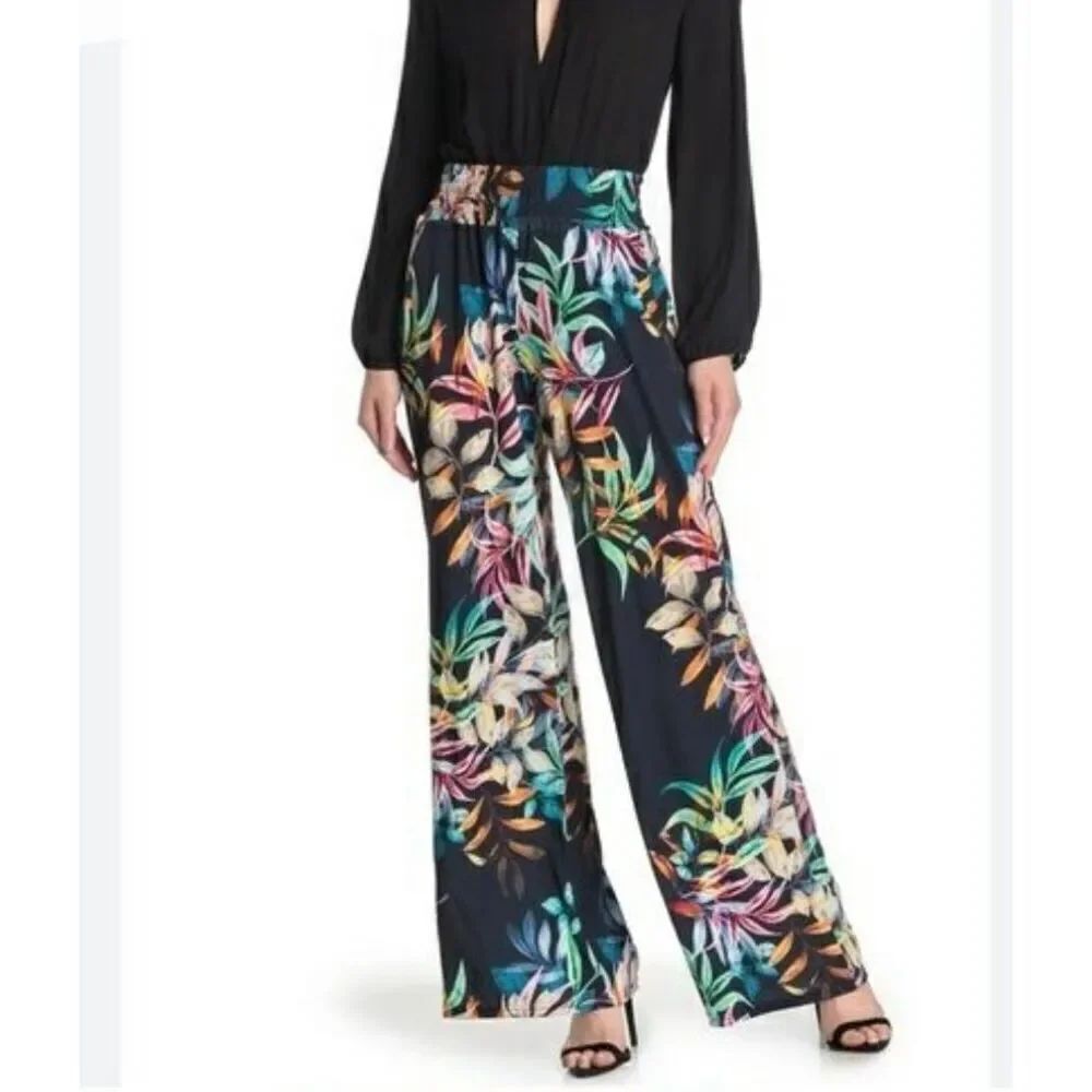 Joseph Ribkoff Pull On Elastic Waist Wide Leg Pants in Marine/ Multi Leaf Sz 18